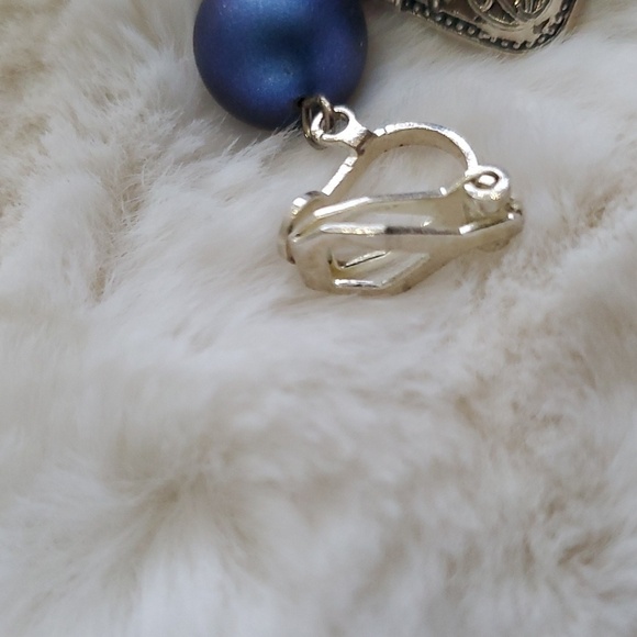 BLUE SILVER TONE CLIP ON DANGLE HANGING DROP EARRINGS BOHO COW… - Picture 6 of 6